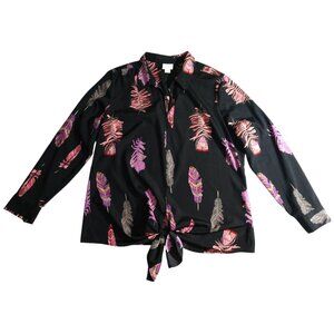 Jaclyn Smith Women's Black Feather Print Tie Front Long Sleeve Blouse XL X-Large